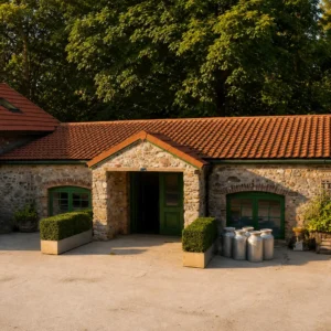 Traditional stone entrance with vintage milk churns at Bandpitt Barn, a unique team building venue in Mendips