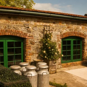 Vintage milk churns outside the rustic stone building at Bandpitt Barn, a rural corporate away day and team building venue in Mendips