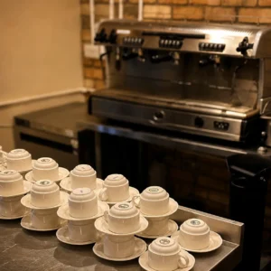 Professional coffee machine and stacked cups prepared for a corporate conference at Bandpitt Barn Mendips