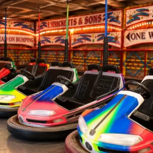 Colorful vintage dodgem cars on the track at Bandpitt Barn, a unique team building and corporate away day venue in Mendips